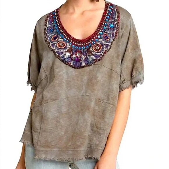 Free People Embellished Beaded Bib Neck Tie Dye Fringe Tunic Size Medium M - Picture 1 of 6